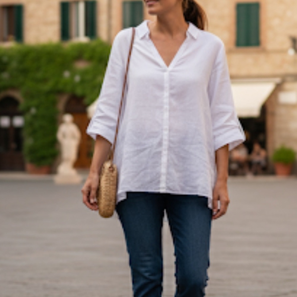 ROSSO35 white linen boxy top 3/4 sleeve light weight button up blouse Size XL